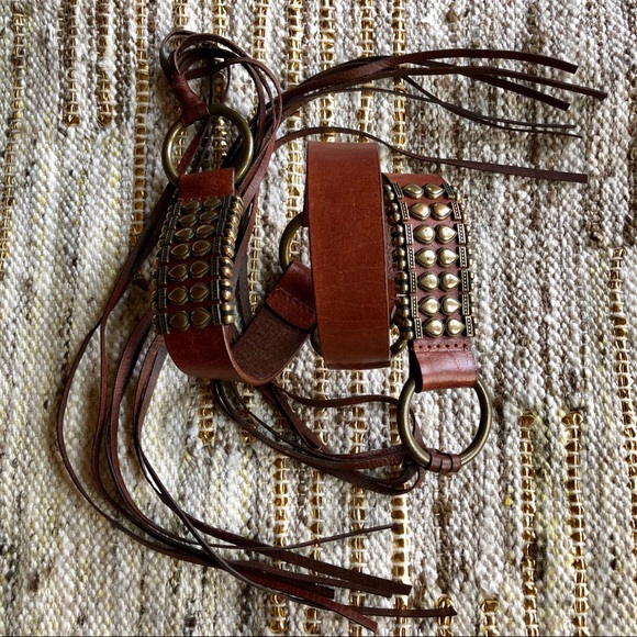 Genuine leather tie tassels belt brown S/M - Picture 4 of 5